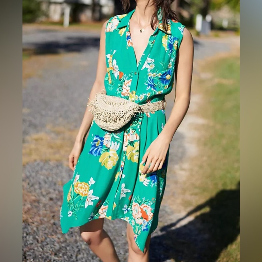 Anthropologie Maeve Rory Floral Midi Sleeveless Shirtdress Dress NWT Green